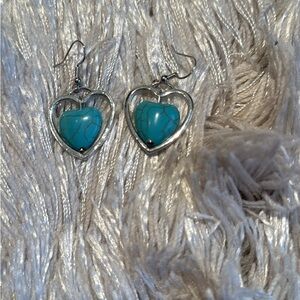 Faux Silver Heart Earrings with faux Turquoise Stone